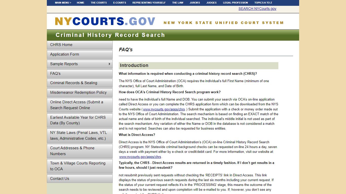 FAQ's - Criminal History Record Search | NYCOURTS.GOV